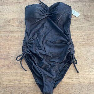 Aerie Black MEDIUM Textured Fabric Ruched Strapless One Piece Swimsuit E